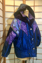 Load image into Gallery viewer, Vintage 80s 90s Glam Street Wear Puffer Purple Patchwork Blue Moon Velvet Tapestry Hooded Coat Irridescent L/XL