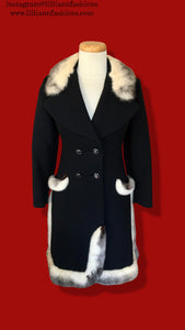 60’s Mod Black Wool Coat Double Breasted Cross Mink Trim