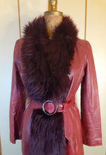 Load image into Gallery viewer, Leather Deep Red Burgundy Shearling Trimmed Princess Coat 70s Penny Lane Almost Famous