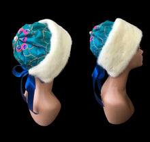 Load image into Gallery viewer, Himalayan Hat with Blonde Mink and Raw Silk Embroidered Peacock Crystal