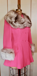 60s Pink Lilli Ann Norwegian Fox Fur Coat Fit and Flare Neon Florescent Bright Pink Double Breasted S/M Princess