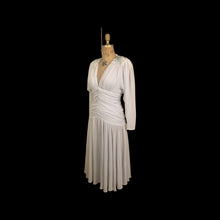 Load image into Gallery viewer, 80’s does 20’s Art Deco Chiffon Beaded Dress in Pearl Gray Fitted Waist full skirt