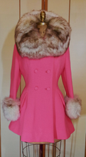 Load image into Gallery viewer, 60s Pink Lilli Ann Norwegian Fox Fur Coat Fit and Flare Neon Florescent Bright Pink Double Breasted S/M Princess