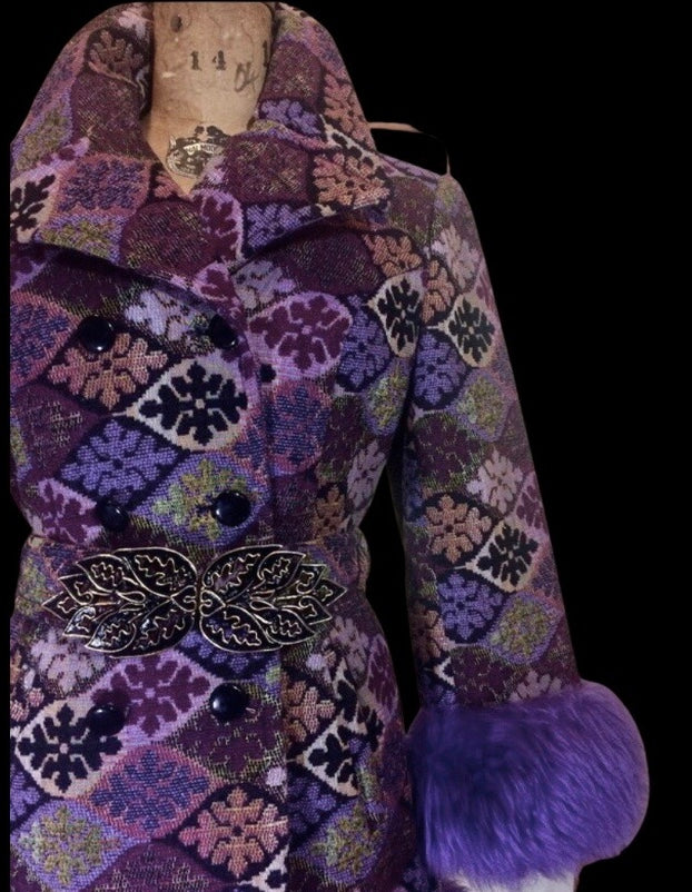 60s Purple Tapestry Carpet Coat Purple Shearling Mod Boho 