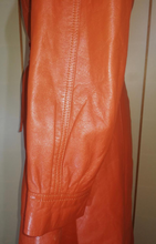 Load image into Gallery viewer, 70s Leather Hooded Trench Spy Duster Long Fit and Flare Orange/Tan Coat S/M Boho Hippie Hippy Chic Hipster