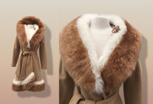 Load image into Gallery viewer, 60’s Vintage Camel Coat  with Fur Trim Vicuna-Printed Fit Flare Wrap Style Wool Cashmere Blend