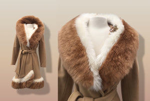 60’s Vintage Camel Coat  with Fur Trim Vicuna-Printed Fit Flare Wrap Style Wool Cashmere Blend