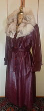 Load image into Gallery viewer, Vintage 70s Leather Coat with Removable Silver Fox Fur Collar Spy Trench Belted Fit and Flare Burgundy Oxblood Maroon Reddish Brown M/L