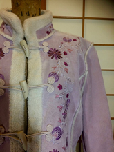 Load image into Gallery viewer, Pink Suede Embroidered Floral Hippy Penny Lane Coat 90's does 70's Coat Toggle Closures M/L Almost Famous Afghan Boho Shearling Fleece