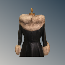 Load image into Gallery viewer, Vintage 70’s Leather Coat with Fox Fur Hood and Cuff Trim Princess Full Flare Skirt Rare OOAK 36/38 Bust Sargent Pepper Double Breasted