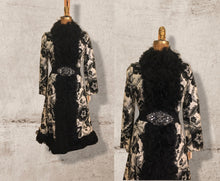 Load image into Gallery viewer, 60’s 70’s Tapestry Carpet Floral Mongolian Curly Lamb Black and White Coat Deadstock New With Tags Princess Afghan