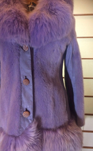 Load image into Gallery viewer, Purple Lavender Fur Coat Mod 60's 1960s Vintage Mink Leather Fox Fur Coat Rhinestone XS/S Russian Princess Penny Lane Almost Famous