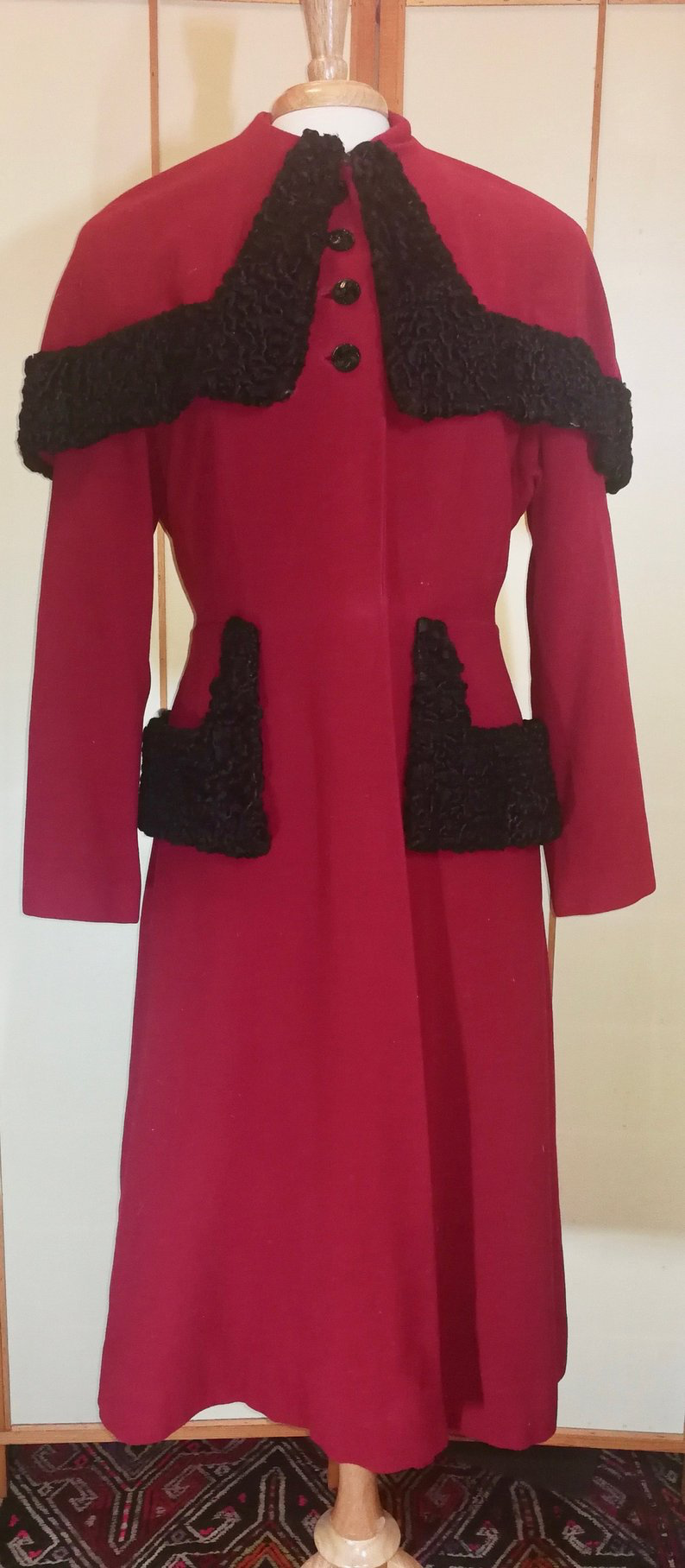 40s Deep Red New Look Cape/Capelet Coat Wool with Persian Karakul Lamb 3 Styles in 1 S/M Film Noir Victorian Steampunk Valentine's Day