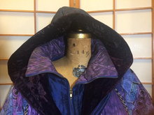 Load image into Gallery viewer, Vintage 80s 90s Glam Street Wear Puffer Purple Patchwork Blue Moon Velvet Tapestry Hooded Coat Irridescent L/XL