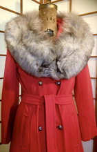 Load image into Gallery viewer, Orange Lilli Ann Coat Norwegian Silver Fox Fur Collar Wool Knit Trench Coat Double Breasted Vintage 60's S/M