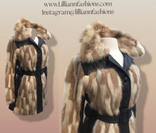 Load image into Gallery viewer, Mosaic mink and Leather in Cappuccino Cream and Chocolate Belted Patchwork Vintage 60’s Coat Jacket