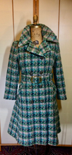 Load image into Gallery viewer, Mod Green Tweed Plaid Peacoat Coat--60s Knitted Wool Double Breasted Belted Removeable Fox Fur Coat S/M