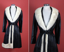 Load image into Gallery viewer, Piano Key Black Leather Trench with Cream Azurene Mink Asymmetrical Trimmed Coat 60s 70s Mod Hippy Pane Lane Almost Famous S/M/L