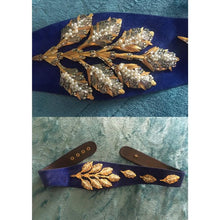 Load image into Gallery viewer, Glam 80s Belt- Elegant Swarovski Austrian Crystal and Pearl Leaf Design Cinch Royal Blue Suede Waist 29"-31"