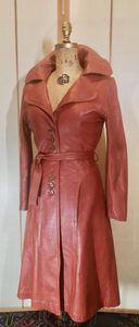 Rust Orange Cognac Color Soft Kid Leather Princess Fit and Flare Trench Spy Coat Wide Collar Classic 70s Small Petite