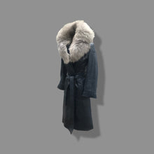 Load image into Gallery viewer, 70’s Spy Trench Leather Coat with Removable Shearling Collar Dark Blue