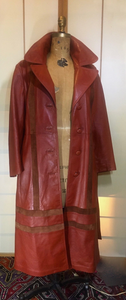 Women's Vintage Coat- 70s Red Leather Trench Brown Suede Inserts Fit Flare Avant Gard Sleek Soft Buttery Leather M/L