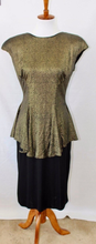Load image into Gallery viewer, Vintage 80s Dress Does 40s Gold and Black Metallic Open Back Mermaid Peplum Dress Prom Cocktail Evening L