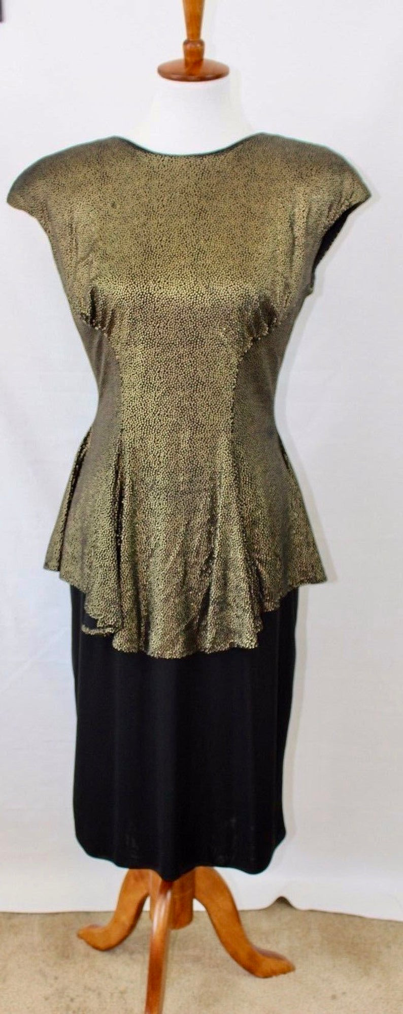 Vintage 80s Dress Does 40s Gold and Black Metallic Open Back Mermaid Peplum Dress Prom Cocktail Evening L