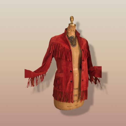 70’s Red Thick Suede Fringe Coat Cowgirl Cowboy Southwestern Native American Style Boho Hippy