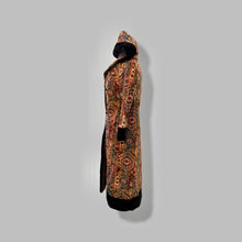 Load image into Gallery viewer, 60’s 70’s Vintage Carpet Coat Needlepoint Hooded Sherpa Trim Fit and Flare