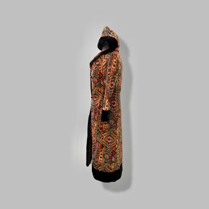 60’s 70’s Vintage Carpet Coat Needlepoint Hooded Sherpa Trim Fit and Flare