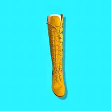 Load image into Gallery viewer, Iconic 70’s Mustard Yellow Suede Floral Embroidered Boots size 7 Wooden Heel