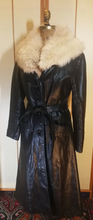 Load image into Gallery viewer, 70s Black Leather and Silver Fox Fur Collar Trench Spy Coat S/M Fit and Flare Princess