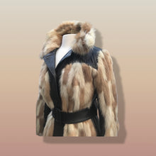 Load image into Gallery viewer, Mosaic mink and Leather in Cappuccino Cream and Chocolate Belted Patchwork Vintage 60’s Coat Jacket
