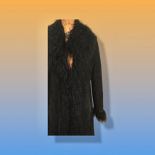 Load image into Gallery viewer, 70’s 80’s Vintage Black Suede Coat Mongolian Curly Lamb Penny Lane Boho Long