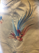 Load image into Gallery viewer, Floral White Leather Trench Spy Coat--Embroidered Floral Bird Pastel Design, Leather Spy Trench Fit Flare Penny Lane Twiggy Afghan M/L