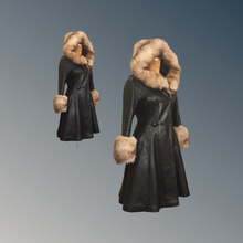 Load image into Gallery viewer, Vintage 70’s Leather Coat with Fox Fur Hood and Cuff Trim Princess Full Flare Skirt Rare OOAK 36/38 Bust Sargent Pepper Double Breasted