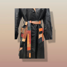 Load image into Gallery viewer, 70’s Black Patchwork Leather Trench Coat Spy