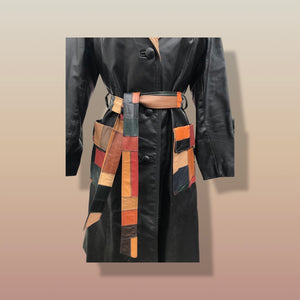 70’s Black Patchwork Leather Trench Coat Spy