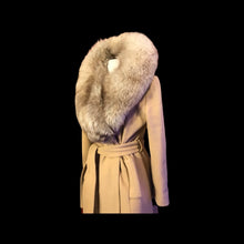 Load image into Gallery viewer, Camel Beige Tan Wrap Coat with Silver Fox Collar
