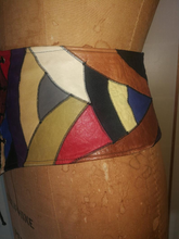 Load image into Gallery viewer, Leather Vintage Patchwork Cinch Corset Belt 70s Purple Red Blue Color Block Mosaic Small Extra Small Goth Hippy medium