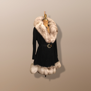 60’s Vintage Black Karakul Persian Lamb and Silver Fox Fur Princess Coat Fit Flare Swarovski Crystal Belt