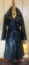 Load image into Gallery viewer, Black Leather 70s Trench Spy Coat Black Matrix Goth Jackie Kennedy Chic S/M Princess