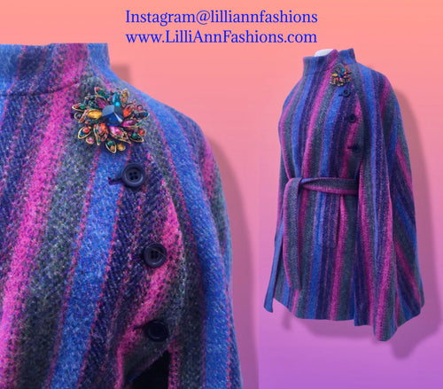 60’s 70’s Purple Blue Pink Magenta Cape Poncho 100% Wool Made in Ireland