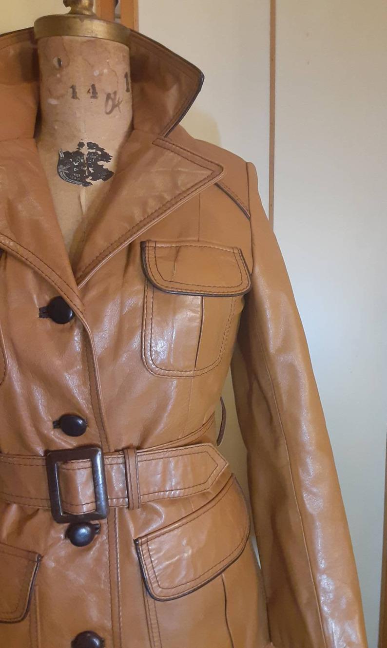 70s Caramel Tan Leather Coat Vintage Women's Fit Flare Multi