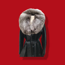 Load image into Gallery viewer, 70’s Spy Trench Black Leather with Suede inlay Fox fur Removable Collar