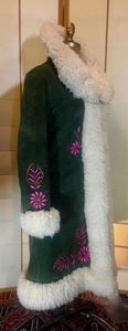 70s Embroidered Shearling Afghan Coat 3/4 Coat Penny Lane Pink Floral Flower Child Almost Famous M/L Hippy Boho Chic