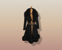 Load image into Gallery viewer, 60’s Black Coat Vintage Lilli Ann Fit and Flare Shearling Pinup Princess Beaded Belt