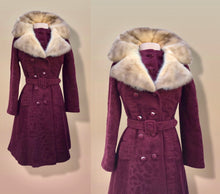 Load image into Gallery viewer, Vintage Wine Maroon Wool Mad Men 60’s Mohair Peacoat with Cross Mink Collar Mod
