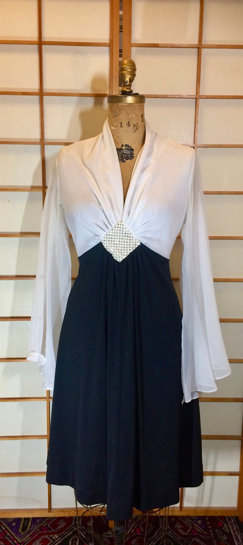 Angel Wing Flare Sleeve Dress-- Maxi 70s Black and White Saturday Nigh LilliAnnFashions Angel Wing Flare Sleeve Dress-- Maxi 70s Black and White Saturday Nigh LilliAnnFashions